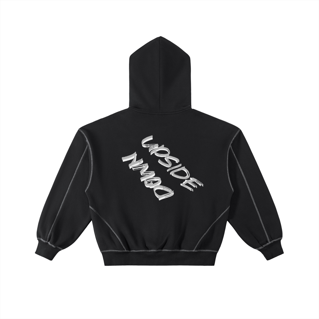 Upside Down Contrast-Stitched Boxy Fleece Zip Hoodie