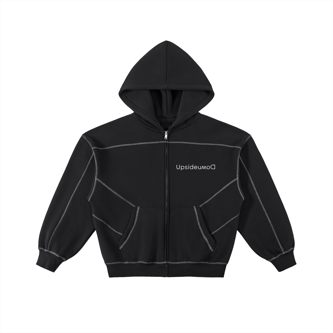 Upside Down Contrast-Stitched Boxy Fleece Zip Hoodie